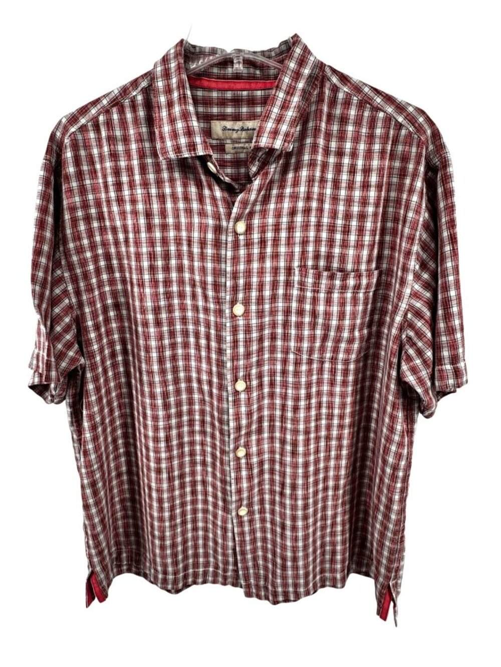 Tommy Bahama Red Plaid Short Sleeve Shirt L 100% Silk Original Fit Large